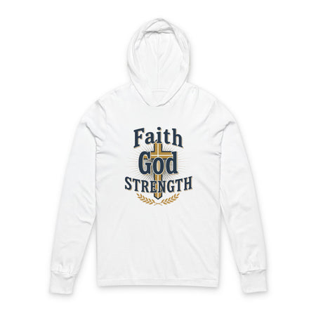 Faith God Strength Hooded Long Sleeve Tee — Christian Inspirational Hoodie Tee