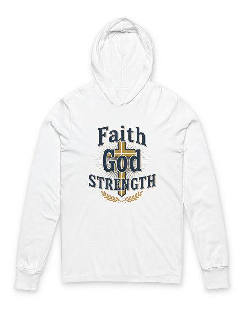 Load image into Gallery viewer, Faith God Strength Hooded Long Sleeve Tee — Christian Inspirational Hoodie Tee
