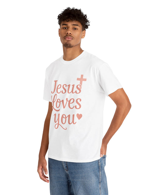 Load image into Gallery viewer, Jesus Loves You T-Shirt – Pink Script Faith Tee with Cross
