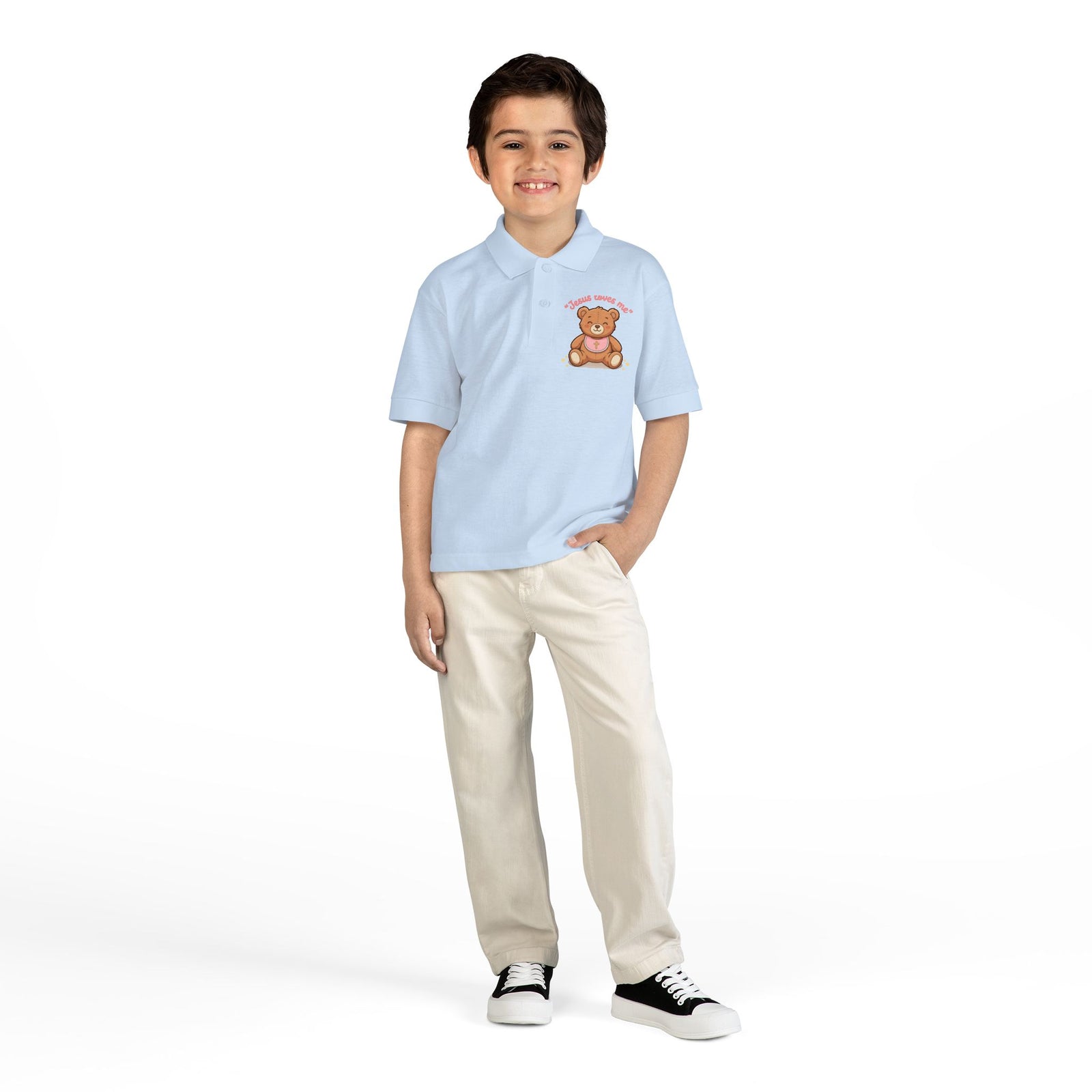 Jesus Loves Me Teddy Bear Kids Polo Shirt | Christian Toddler Polo | Cute Faith-Based Kids Clothes | Dressy Church Outfit