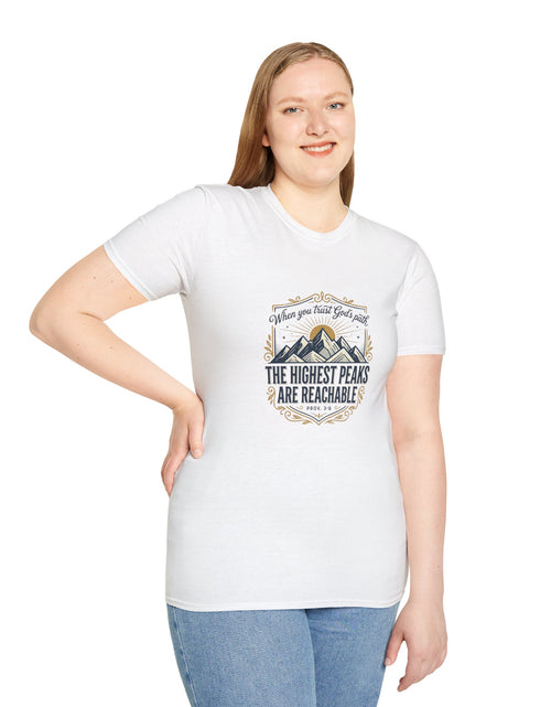 Load image into Gallery viewer, Men’s Inspirational Mountain T-Shirt – The Highest Peaks Are Reachable, Outdoor Adventure Faith Tee

