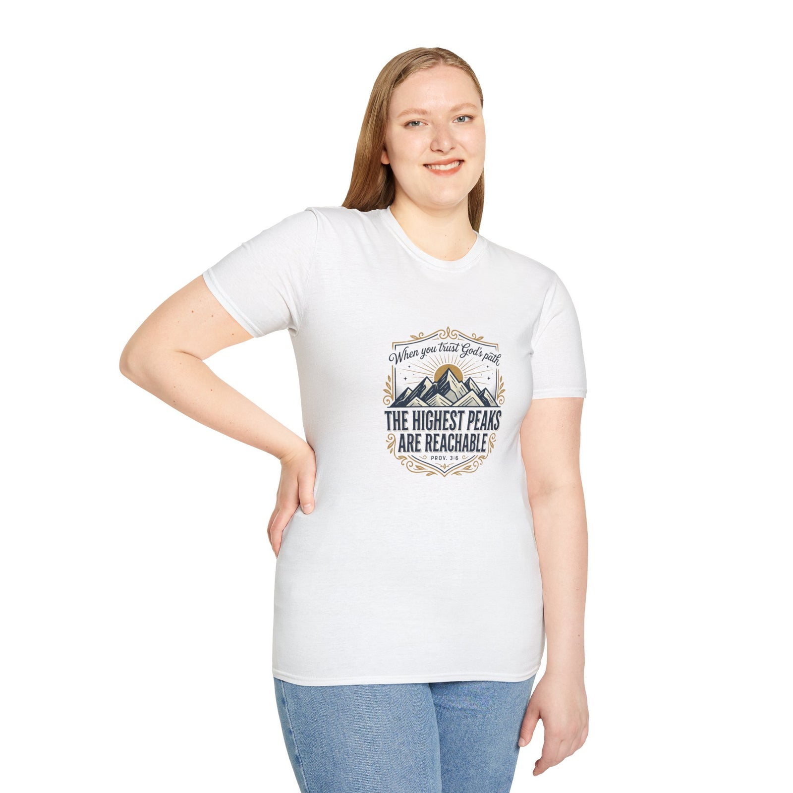 Men’s Inspirational Mountain T-Shirt – The Highest Peaks Are Reachable, Outdoor Adventure Faith Tee
