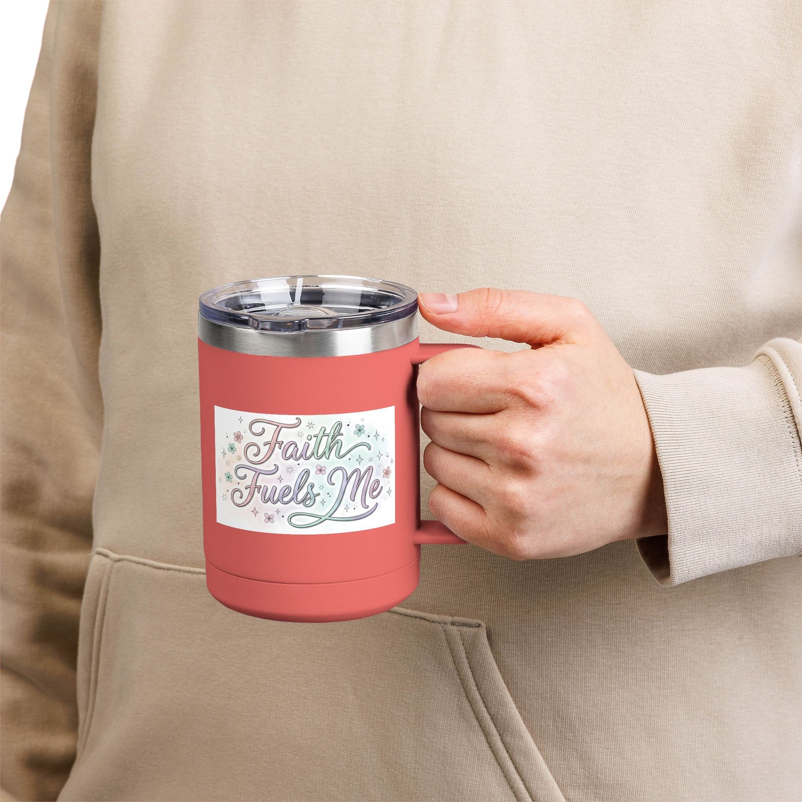 15oz Insulated Coffee Tumbler Mug — "Faith Fuels Me" Pastel Star Design