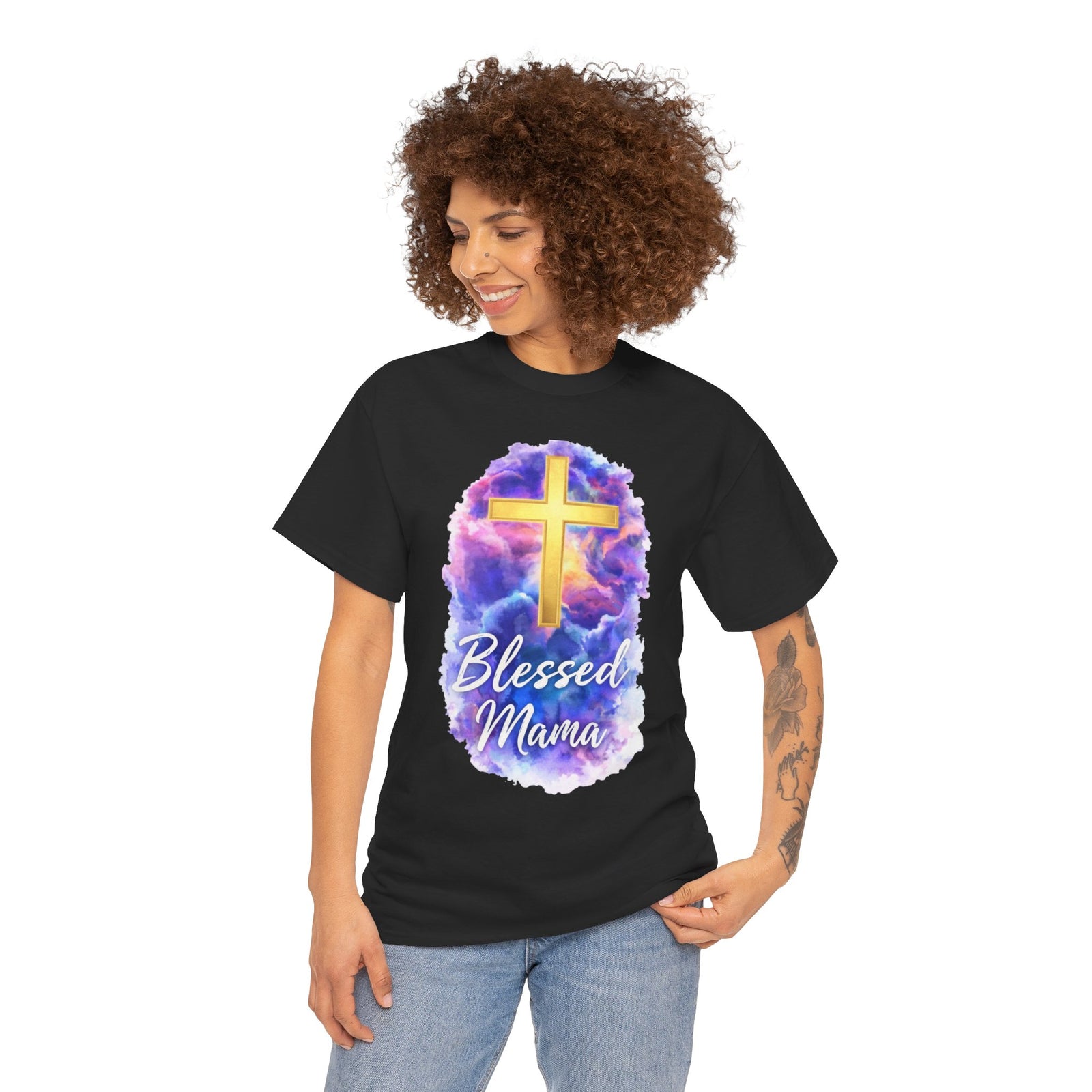 Blessed Mama Cross Tee, Women's Christian Faith Tee Shirt