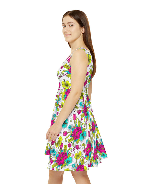Load image into Gallery viewer, Vibrant Floral Skater Dress, Women’s Colorful Summer Sundress, Bold Boho Dress, Bright Garden Party Outfit, Statement Floral Dress

