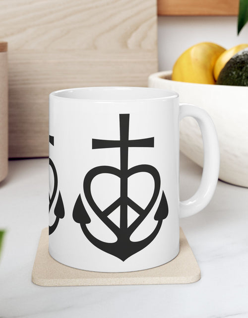 Load image into Gallery viewer, Faith, Love &amp; Peace Ceramic Mug — Uplifting Christian Coffee Lover Cup 11  oz &amp; 15 oz
