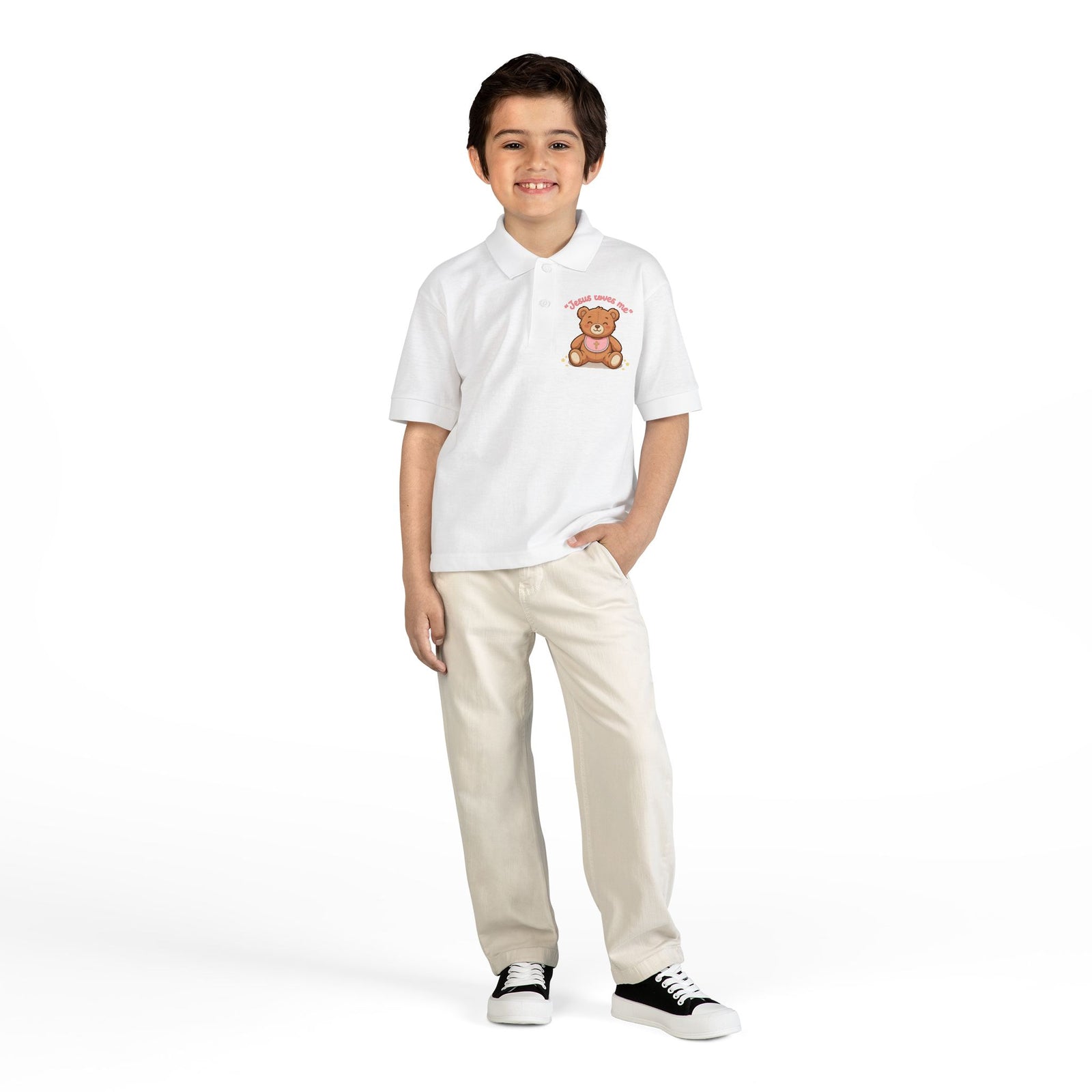 Jesus Loves Me Teddy Bear Kids Polo Shirt | Christian Toddler Polo | Cute Faith-Based Kids Clothes | Dressy Church Outfit