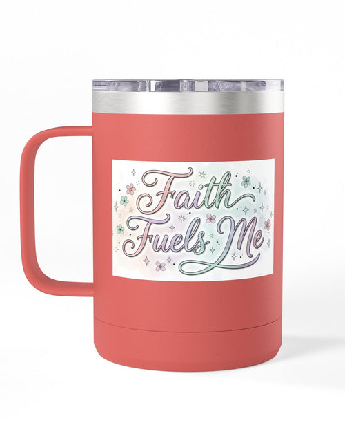 Load image into Gallery viewer, 15oz Insulated Coffee Tumbler Mug — "Faith Fuels Me" Pastel Star Design
