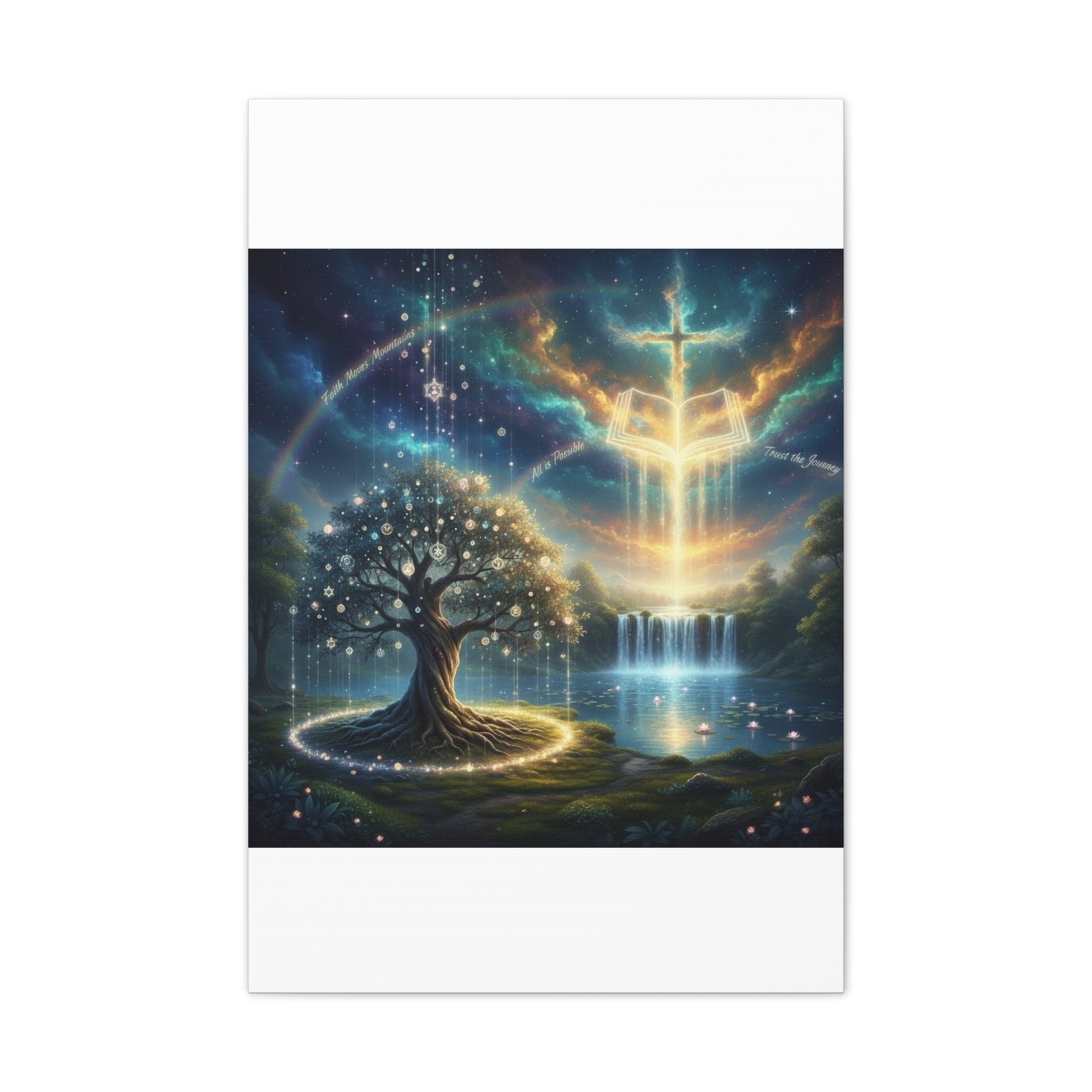 Spiritual Tree of Life Canvas Art — Mystical Cross & Waterfall Stretched Canvas - Home Decor