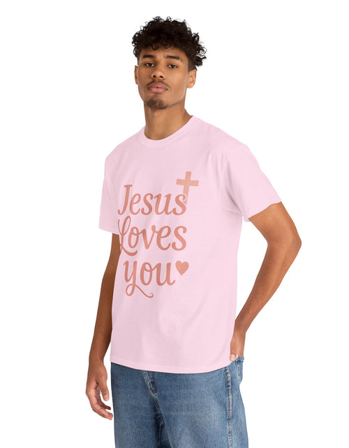 Load image into Gallery viewer, Jesus Loves You T-Shirt – Pink Script Faith Tee with Cross
