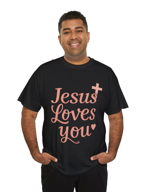 Load image into Gallery viewer, Jesus Loves You T-Shirt – Pink Script Faith Tee with Cross
