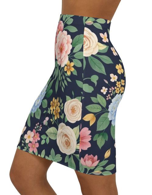Load image into Gallery viewer, Navy Floral Pencil Skirt for Women | Elegant Garden Print Skirt | Office Chic Spring Outfit | Romantic Midi Skirt
