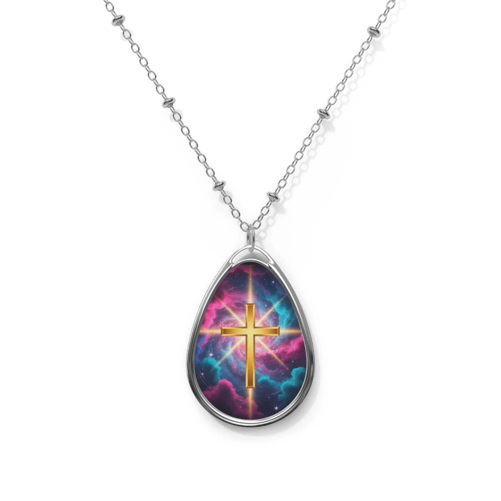 Christian Cross Necklace — Elegant Minimalist Jewelry Oval Pendant Cross Galaxy Necklace