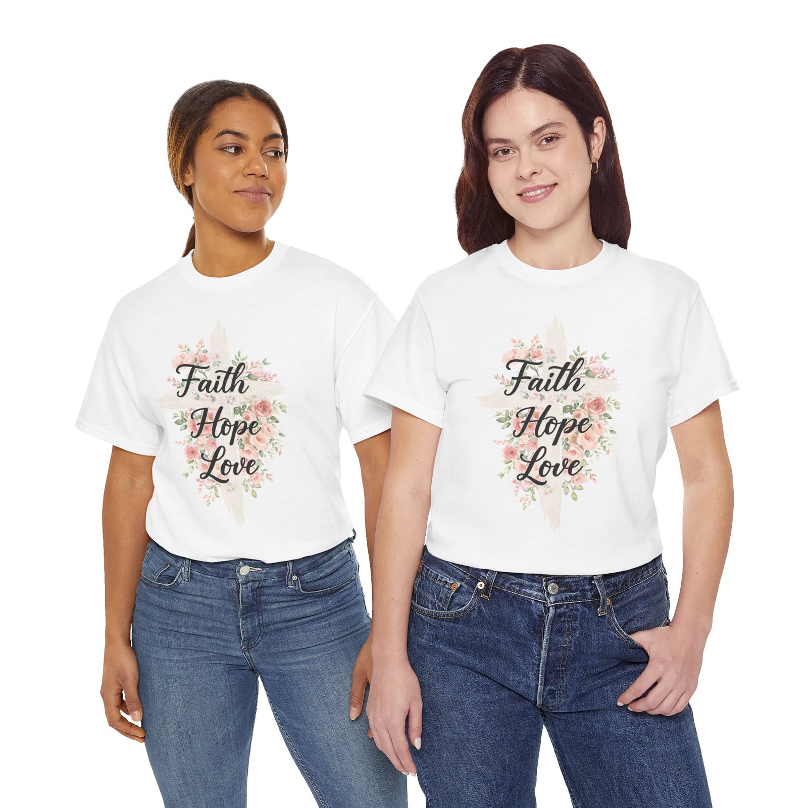 Faith Hope Love T-Shirt — Floral Cross Christian Tee for Women