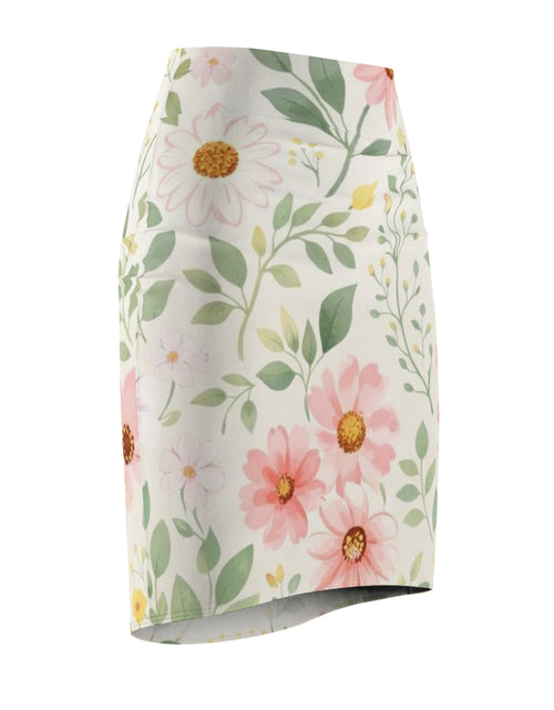 Load image into Gallery viewer, Pink Daisy Watercolor Pencil Skirt for Women | Soft Floral Spring Skirt | Feminine Pastel Outfit | Mid-Waist Everyday Skirt
