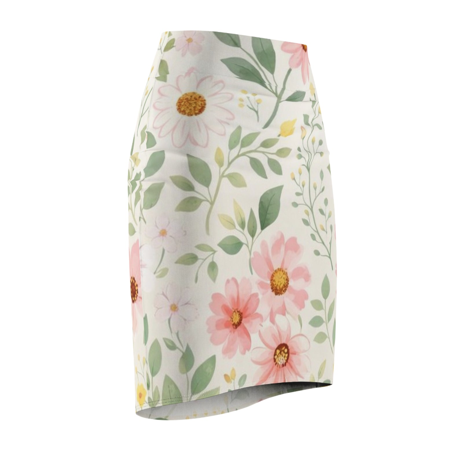 Pink Daisy Watercolor Pencil Skirt for Women | Soft Floral Spring Skirt | Feminine Pastel Outfit | Mid-Waist Everyday Skirt