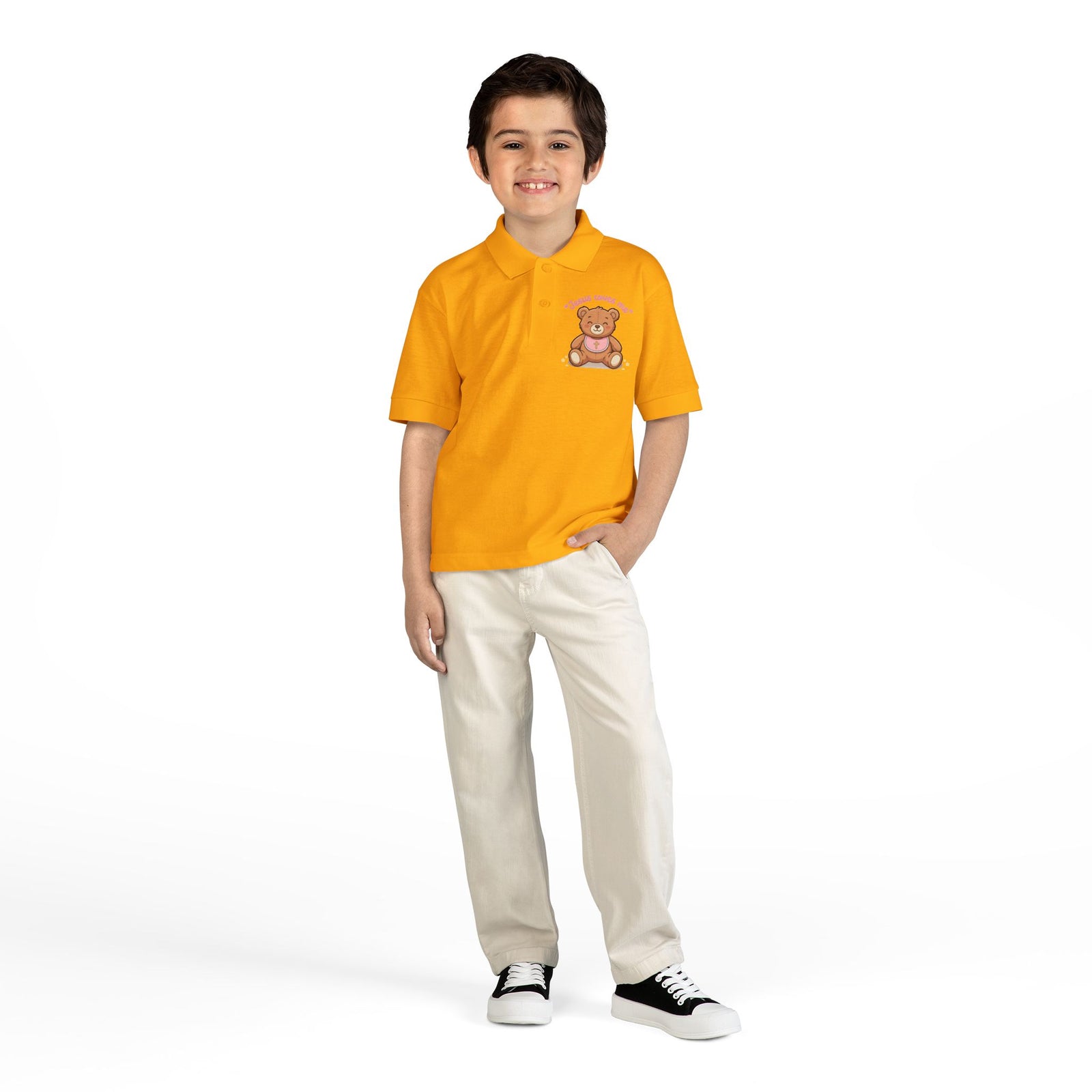 Jesus Loves Me Teddy Bear Kids Polo Shirt | Christian Toddler Polo | Cute Faith-Based Kids Clothes | Dressy Church Outfit