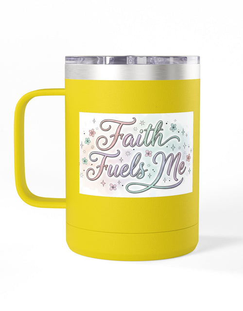 Load image into Gallery viewer, 15oz Insulated Coffee Tumbler Mug — "Faith Fuels Me" Pastel Star Design
