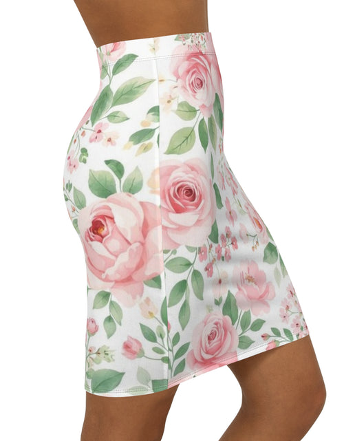 Load image into Gallery viewer, Pink Floral Pencil Skirt for Women | Romantic Rose Print Skirt | Elegant Spring Summer Outfit | Office Chic Midi Skirt
