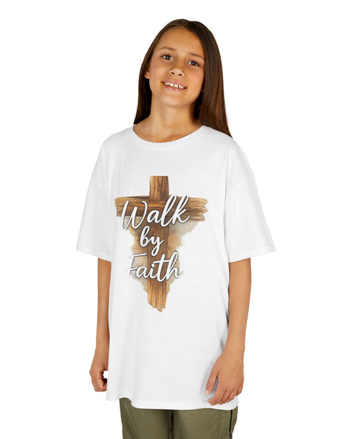 Load image into Gallery viewer, Kids Tee — 'Walk by Faith' Wooden Cross Christian Shirt
