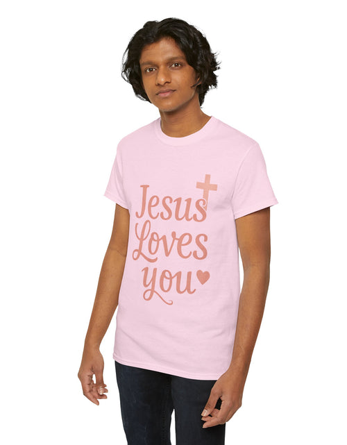 Load image into Gallery viewer, Jesus Loves You T-Shirt – Pink Script Faith Tee with Cross
