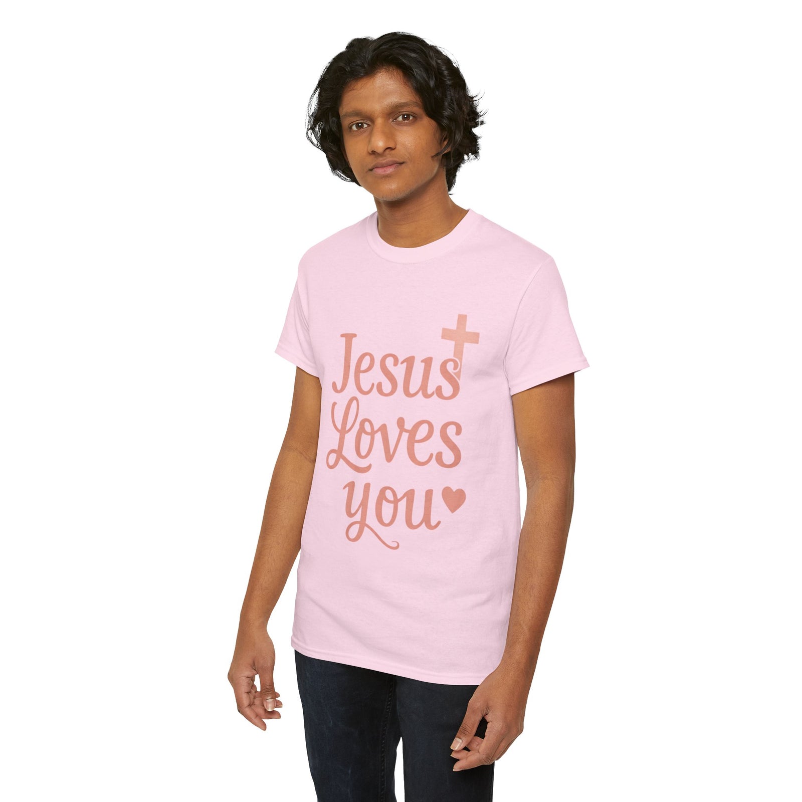 Jesus Loves You T-Shirt – Pink Script Faith Tee with Cross