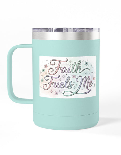 Load image into Gallery viewer, 15oz Insulated Coffee Tumbler Mug — "Faith Fuels Me" Pastel Star Design
