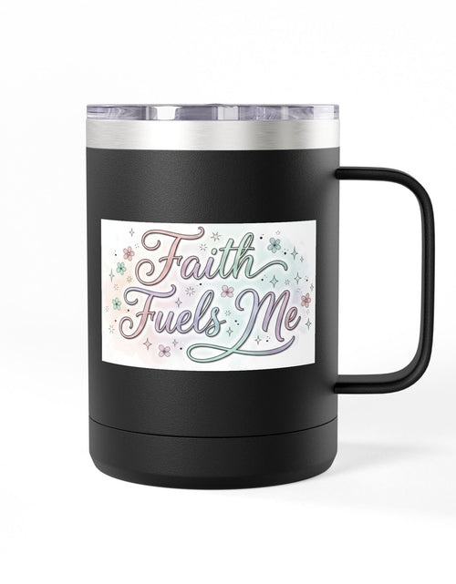 Load image into Gallery viewer, 15oz Insulated Coffee Tumbler Mug — "Faith Fuels Me" Pastel Star Design
