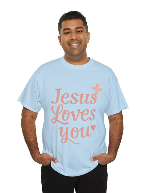 Load image into Gallery viewer, Jesus Loves You T-Shirt – Pink Script Faith Tee with Cross
