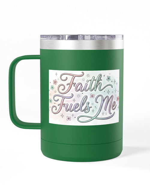 Load image into Gallery viewer, 15oz Insulated Coffee Tumbler Mug — "Faith Fuels Me" Pastel Star Design
