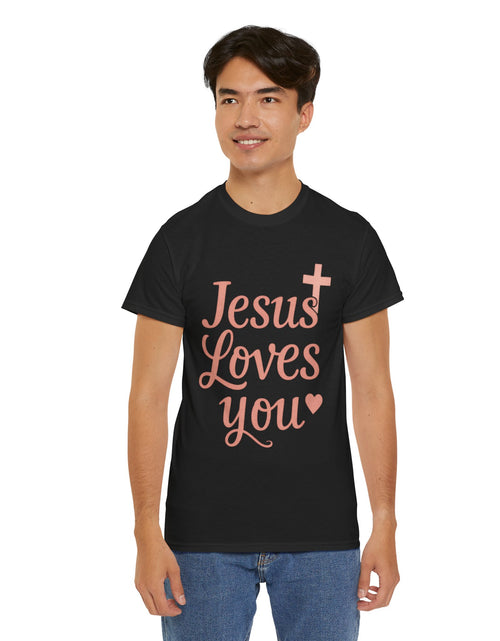 Load image into Gallery viewer, Jesus Loves You T-Shirt – Pink Script Faith Tee with Cross
