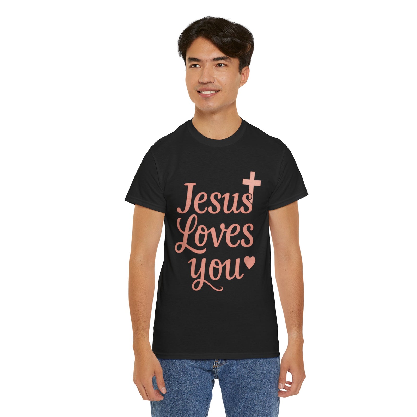 Jesus Loves You T-Shirt – Pink Script Faith Tee with Cross