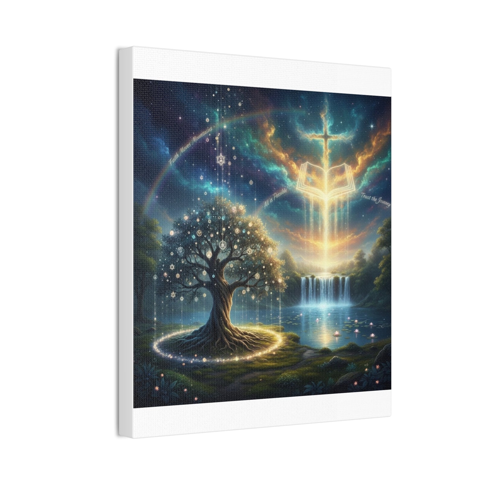 Spiritual Tree of Life Canvas Art — Mystical Cross & Waterfall Stretched Canvas - Home Decor