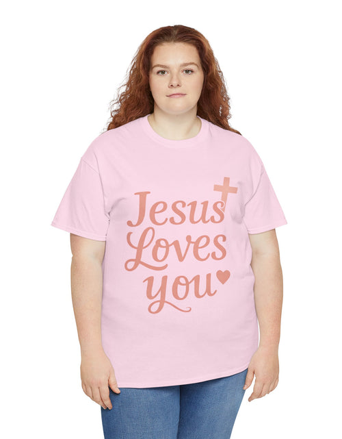 Load image into Gallery viewer, Jesus Loves You T-Shirt – Pink Script Faith Tee with Cross
