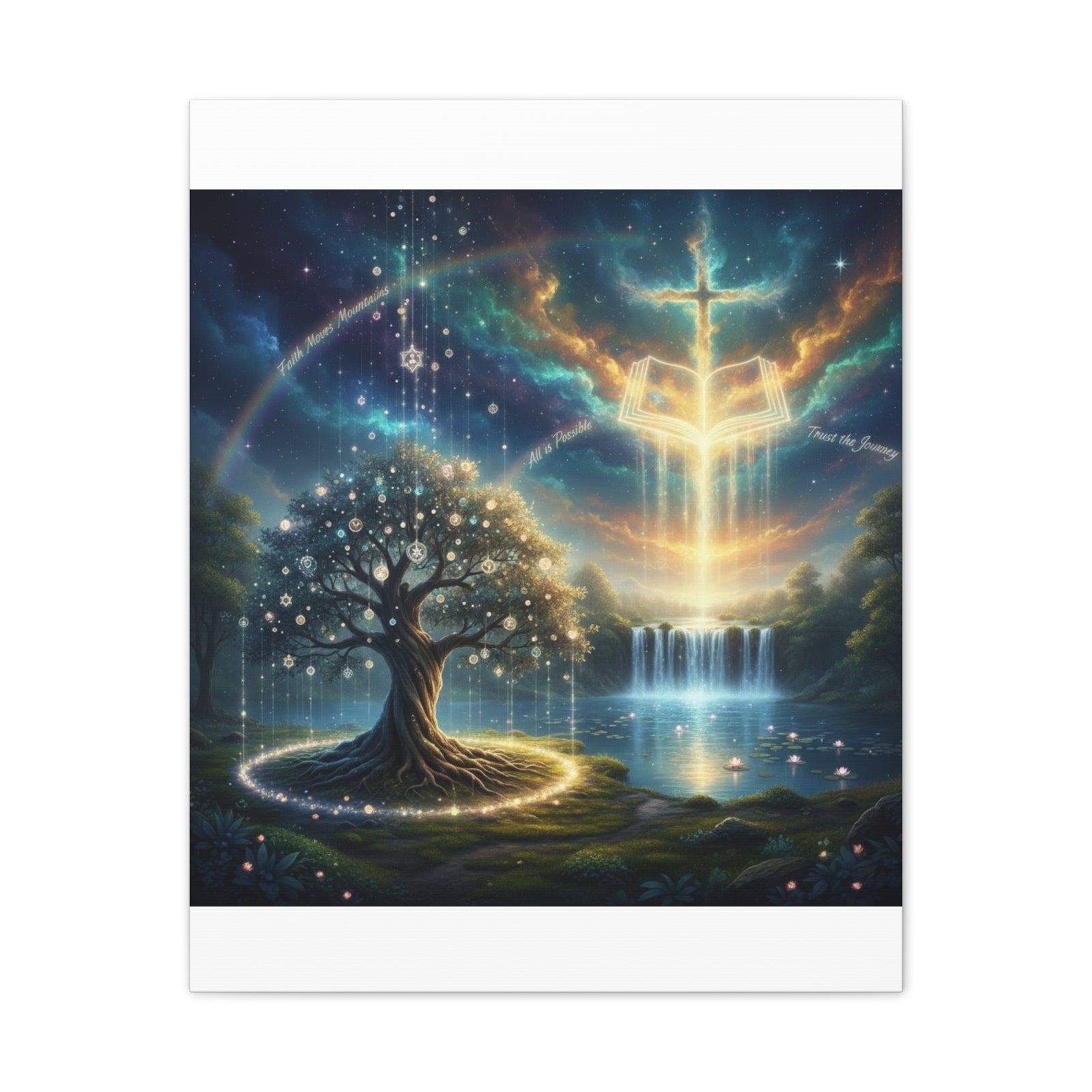 Spiritual Tree of Life Canvas Art — Mystical Cross & Waterfall Stretched Canvas - Home Decor