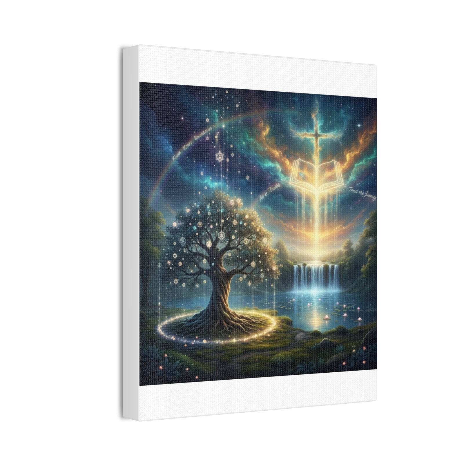 Spiritual Tree of Life Canvas Art — Mystical Cross & Waterfall Stretched Canvas - Home Decor