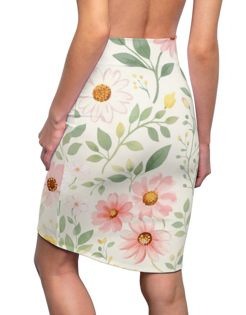 Load image into Gallery viewer, Pink Daisy Watercolor Pencil Skirt for Women | Soft Floral Spring Skirt | Feminine Pastel Outfit | Mid-Waist Everyday Skirt
