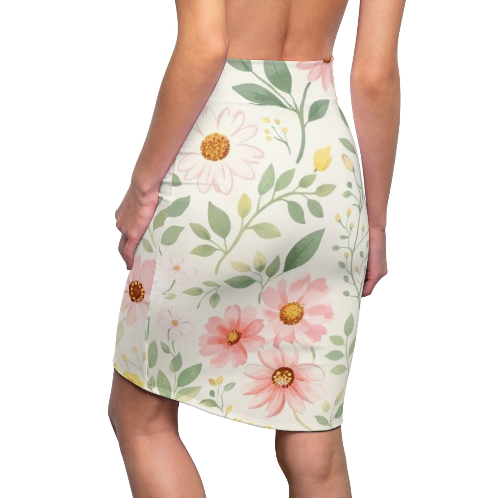 Pink Daisy Watercolor Pencil Skirt for Women | Soft Floral Spring Skirt | Feminine Pastel Outfit | Mid-Waist Everyday Skirt