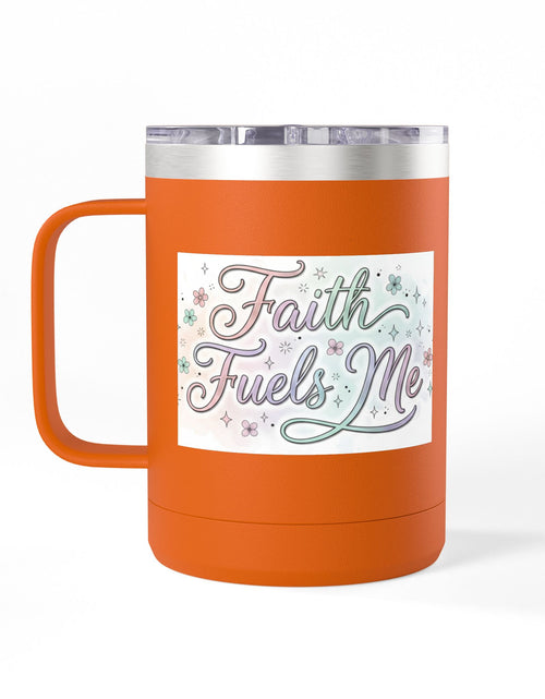 Load image into Gallery viewer, 15oz Insulated Coffee Tumbler Mug — "Faith Fuels Me" Pastel Star Design
