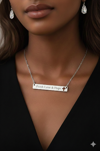 Cutout Cross Bar Necklace — "Faith, Love & Hope" Engraved Religious Pendant