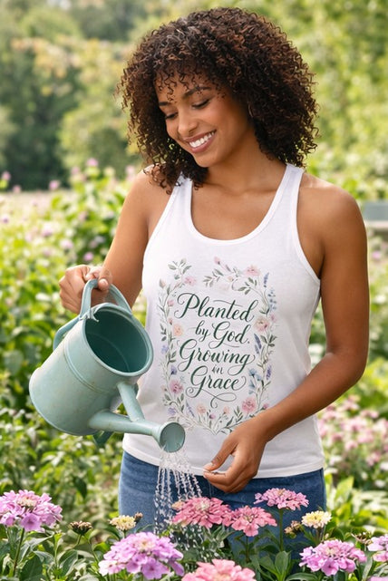 Load image into Gallery viewer, Planted by God Growing in Grace Racerback Tank – Christian Floral Tank Top for Women – Faith Based Summer Church Shirt – Inspirational Christian Gift
