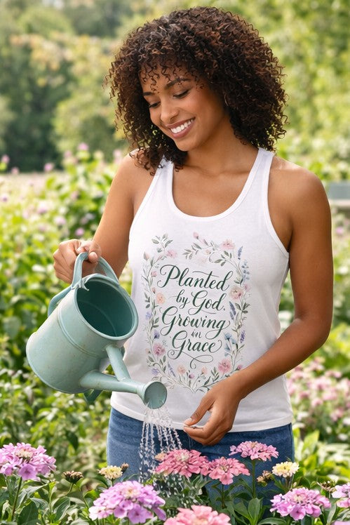Planted by God Growing in Grace Racerback Tank – Christian Floral Tank Top for Women – Faith Based Summer Church Shirt – Inspirational Christian Gift
