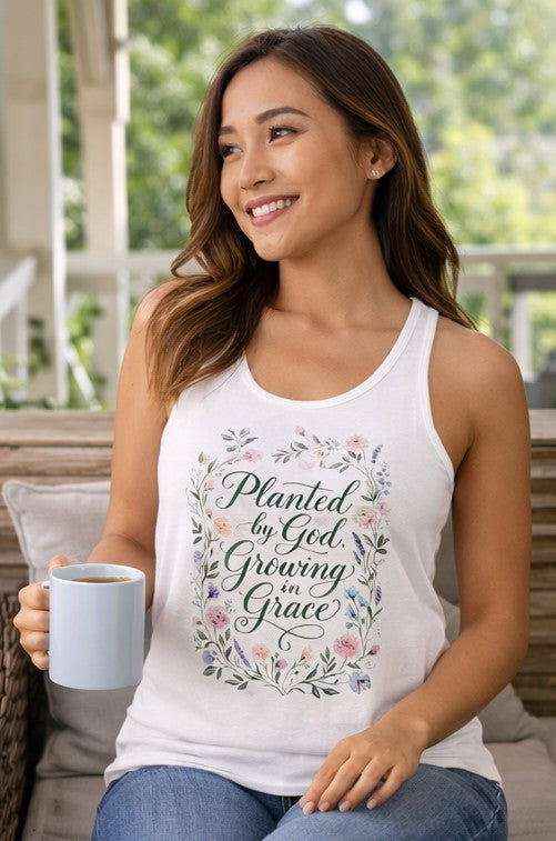 Planted by God Growing in Grace Racerback Tank – Christian Floral Tank Top for Women – Faith Based Summer Church Shirt – Inspirational Christian Gift