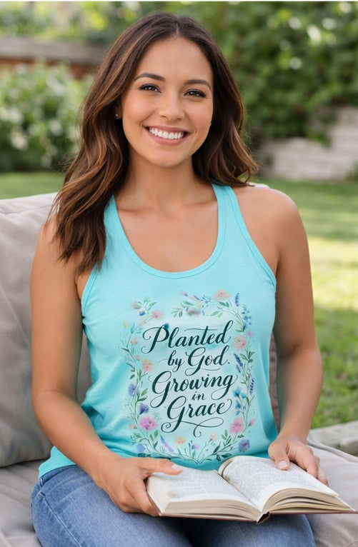Planted by God Growing in Grace Racerback Tank – Christian Floral Tank Top for Women – Faith Based Summer Church Shirt – Inspirational Christian Gift