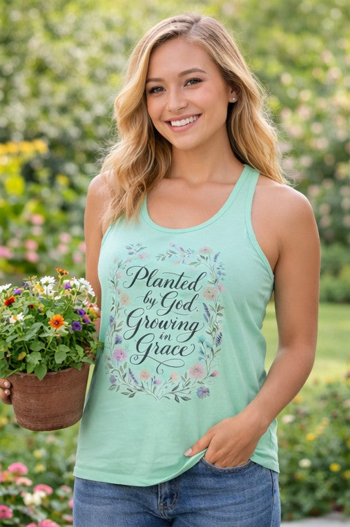 Planted by God Growing in Grace Racerback Tank – Christian Floral Tank Top for Women – Faith Based Summer Church Shirt – Inspirational Christian Gift
