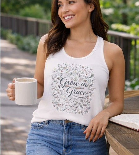 Grow in Grace Christian Racerback Tank – Floral Faith Tank Top for Women – Inspirational Church Summer Tank – Christian Gift for Her