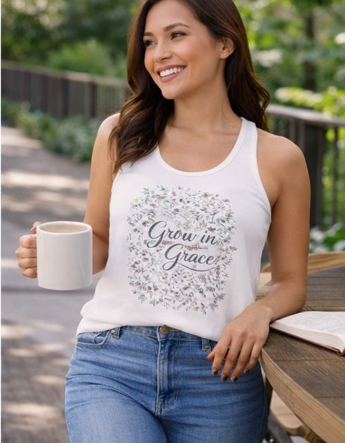Load image into Gallery viewer, Grow in Grace Christian Racerback Tank – Floral Faith Tank Top for Women – Inspirational Church Summer Tank – Christian Gift for Her
