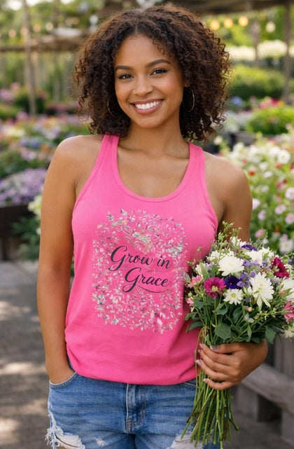 Load image into Gallery viewer, Grow in Grace Christian Racerback Tank – Floral Faith Tank Top for Women – Inspirational Church Summer Tank – Christian Gift for Her
