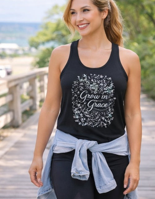 Load image into Gallery viewer, Grow in Grace Christian Racerback Tank – Floral Faith Tank Top for Women – Inspirational Church Summer Tank – Christian Gift for Her
