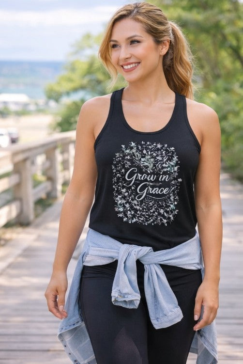 Grow in Grace Christian Racerback Tank – Floral Faith Tank Top for Women – Inspirational Church Summer Tank – Christian Gift for Her